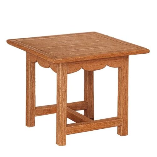 imagen de mesa de cocina cuadrada, en madera de haya en miniatura para casa de muñecas, con patas rectas y faldón ondulado
