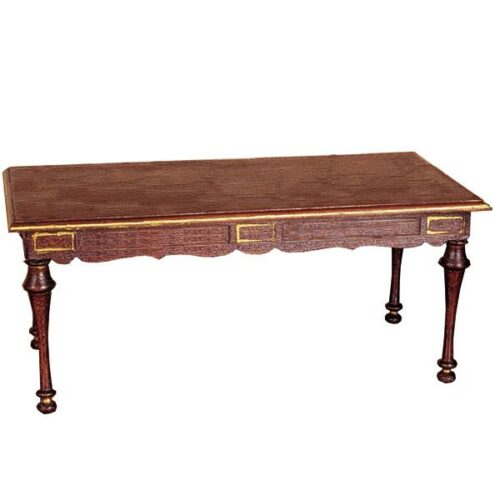 imagen de mesa de comedor en madera de nogal en miniatura para casa de muñecas, con patas torneadas y faldón ondulado