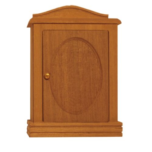 imagen de mesilla de noche de madera de nogal en miniatura para casa de muñecas, con puerta decorada con óvalo.