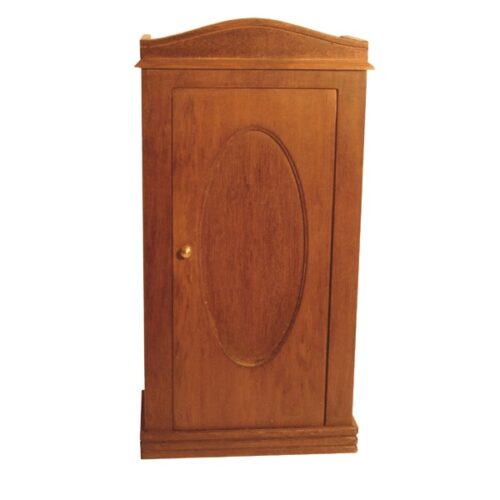 imagen de armario de un cuerpo de madera de nogal, en miniatura para casa de muñecas, con copete superior y ovalo grabado de decoración en la puerta