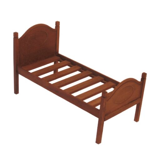 imagen de cama individual de madera de nogal, en miniatura para casa de muñecas, con cabecero y piecero ovalados