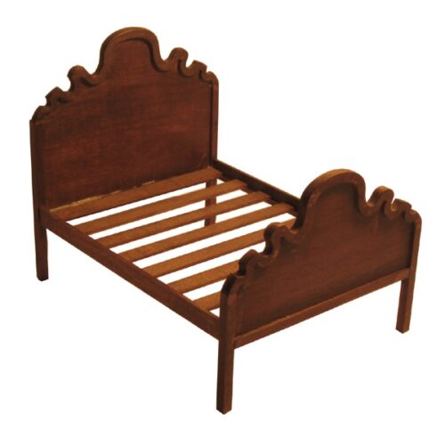 imagen de cama de matrimonio de madera de nogal, en miniatura para casa de muñecas, con cabecero y piecero con formas onduladas