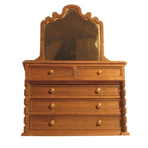 imagen de cómoda de madera de nogal, en miniatura para casa de muñecas, con espejo, dos cajones pequeños y tres grandes