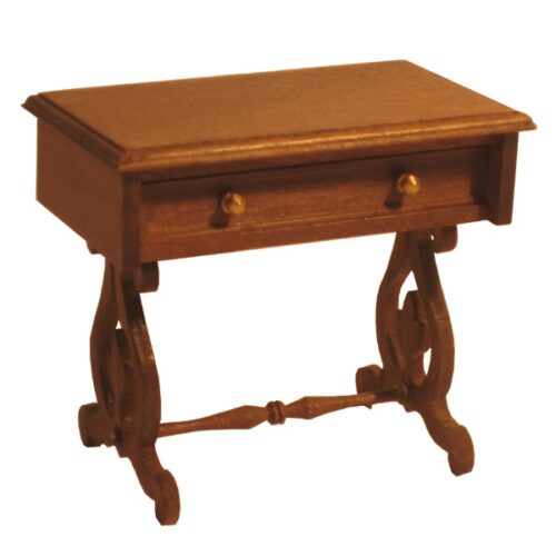 imagen de mesa auxiliar en madera de nogal, en miniatura para casa de muñecas, con patas en forma de lira, travesaño y cajón bajo la encimera